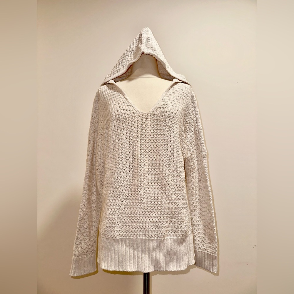 Rachel Zoe Cream Open Knit Hoodie Sweater V-Neck Size S EUC
